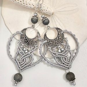 Large silver earrings with gray agate druzzies